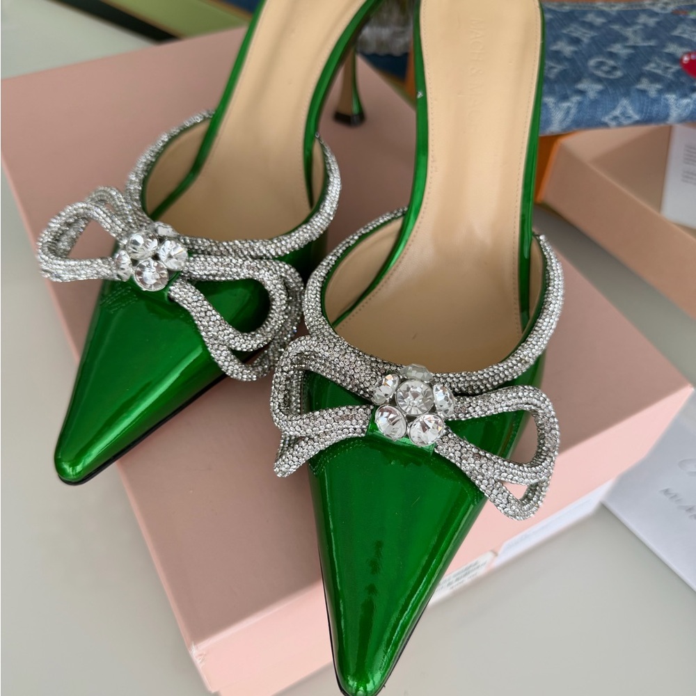 MACH & MACH Green Heels with Silver Embellished Bow